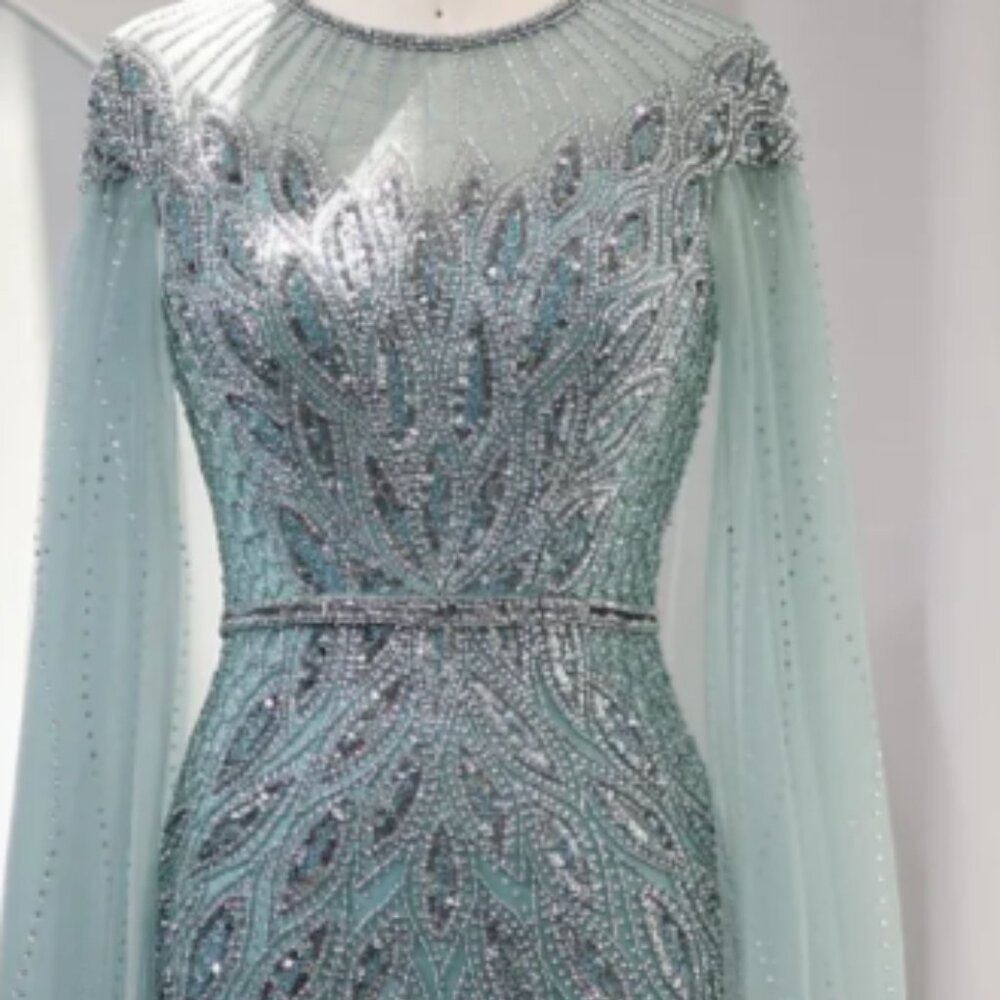 Luxury Blue Mermaid Evening Dress with Cape Sleeves